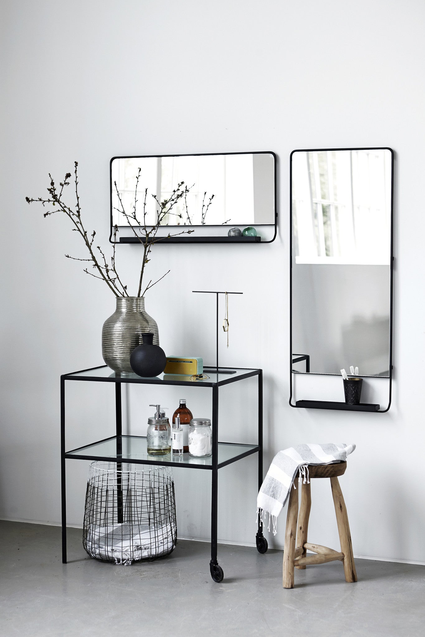 Vertical Framed Black Mirror With Shelf - Tea and Kate